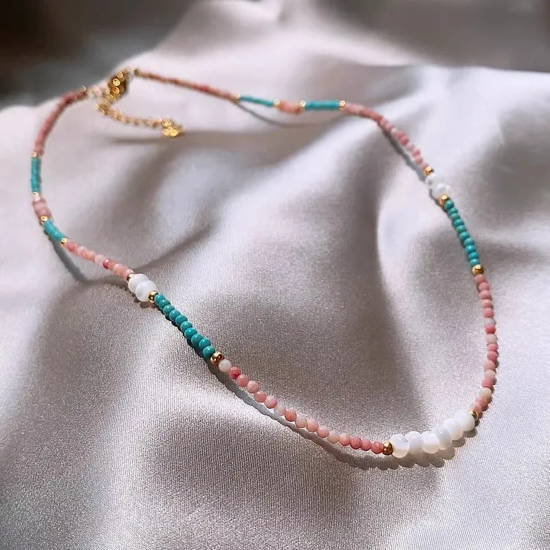 

Titanium Steel Dopamine Series Xiaomi Bead Turquoise Necklace New Chinese Style National Style Simple Mother-of-Pearl Red Agate