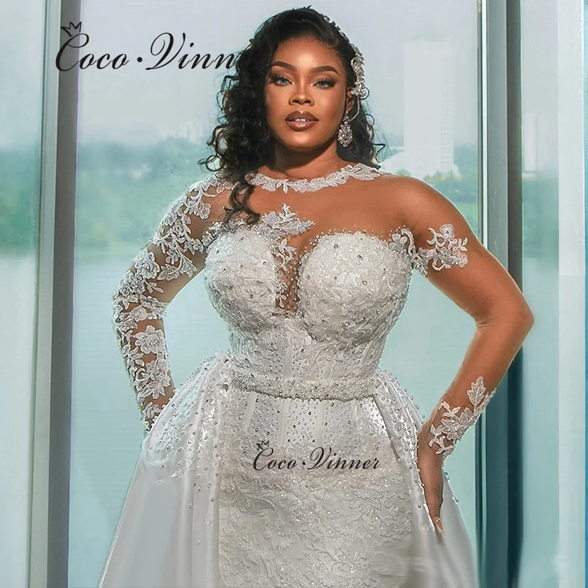 

Customized Africa Fashion 2 IN 1 Wedding Dress 2025 New Cystal Beaded Lace Appliques Wedding Dresses Detechable Skirt W1378