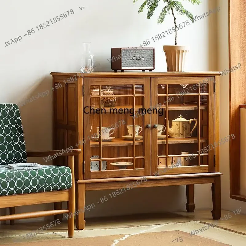 

Old teak dining side cabinet all solid wood retro glass door storage medium antique low cabinet entrance
