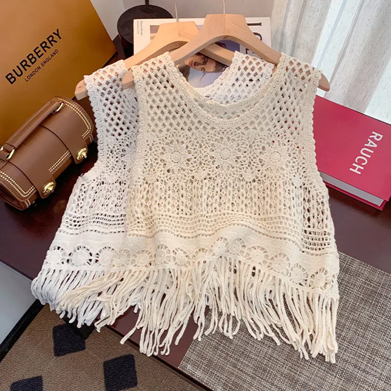 French hollow tassel sleeveless knitted vest for women's summer new ethnic style handmade woven shoulder top