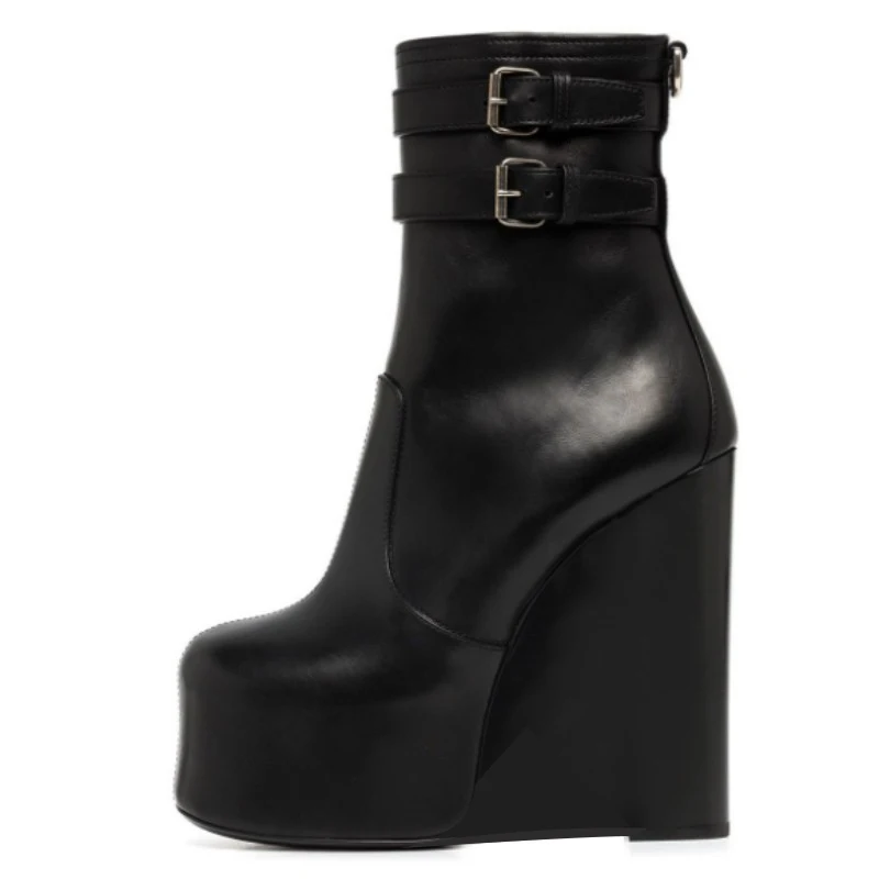 

DIZHUANG Sexy women's high-heeled boots. Black PU short boots. About 15cm heel height. Wedges ankle boots. Fashion show banquet