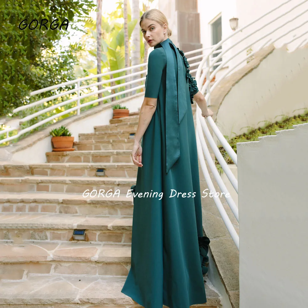 GORGA Green High Neck 3D Flowers Evening Dresses Arabia Crepe Half Sleeve Straight Formal Occasion Dress Floor-Length Party Gown