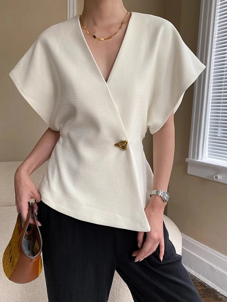 Elegant Asymmetric Shoulder Drop Sleeve Vest Design Sense One Button Waist Slimming Shirt Top Polyester Commute Style V Neck