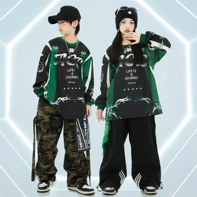 Hip Hop Boys Black Sweatershirt Camo Pants Girls Street Dance Coat Denim Pants Clothes Sets Kids Streetwear Child Jazz Costume