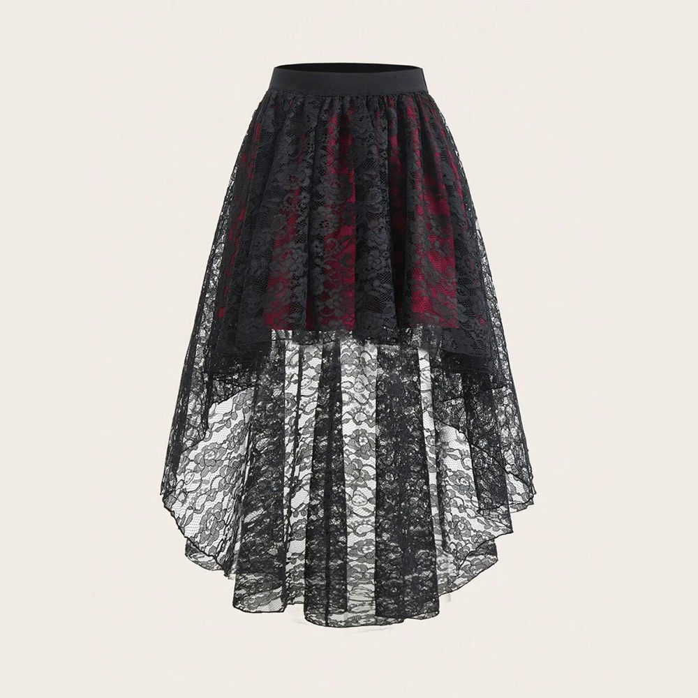 Plus Size Gothic Elegant Women Skirt Lace Front Short Back Long Fashion Irregular Hem High Waist Female Vacation Fashion Skirts