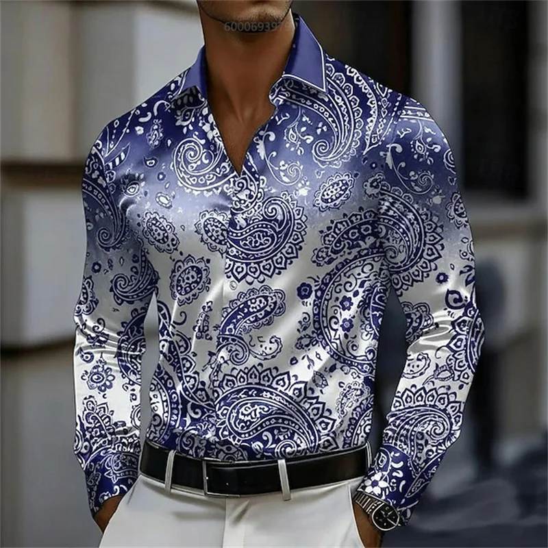 Men's 3D Printed Gradient Shirt, Long Sleeve, Retro, Vacation, Casual, Versatile, Blue, Red, Purple, Green, Plus Size 6XL