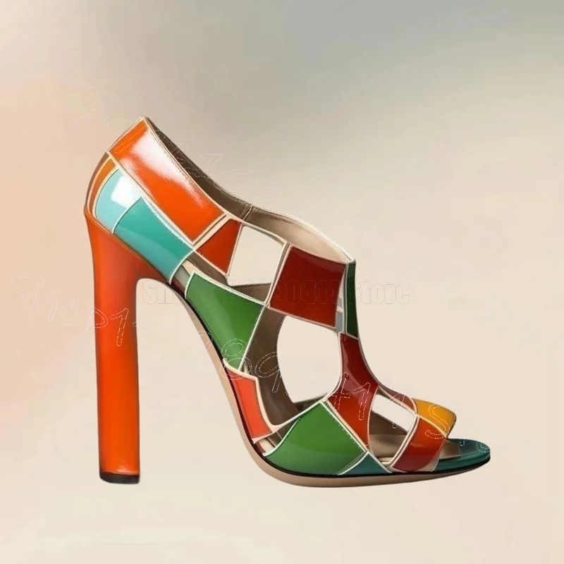 Geometric Print Hollow Design Open Toe Sandals Slip On Women Shoes Chunky High Heels Novel Party Dating 2025 Zapatos Para Mujere