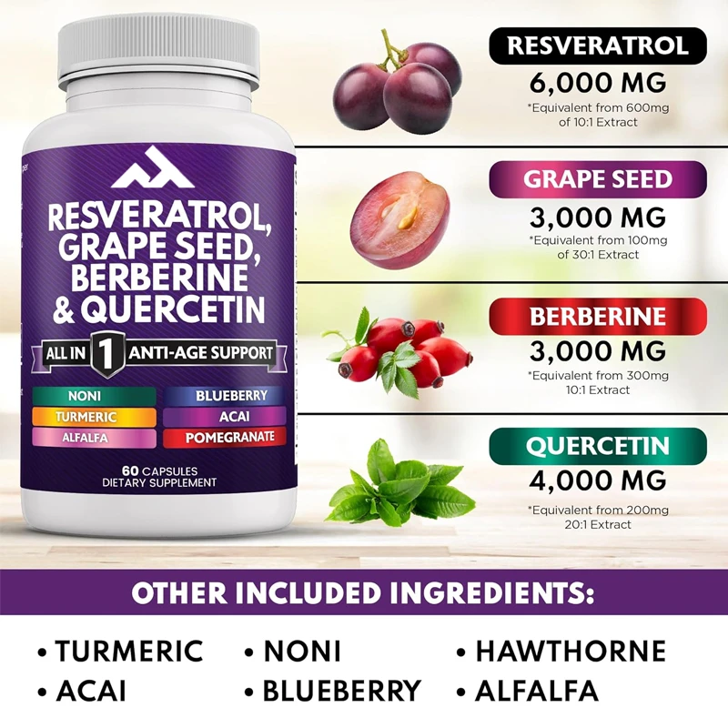 

Resveratrol,Aspartate,Quercetin Polyphenols Supplement,Containing Nori Extract,N-acetylcysteine, Acai Berry Extract -60 Capsules