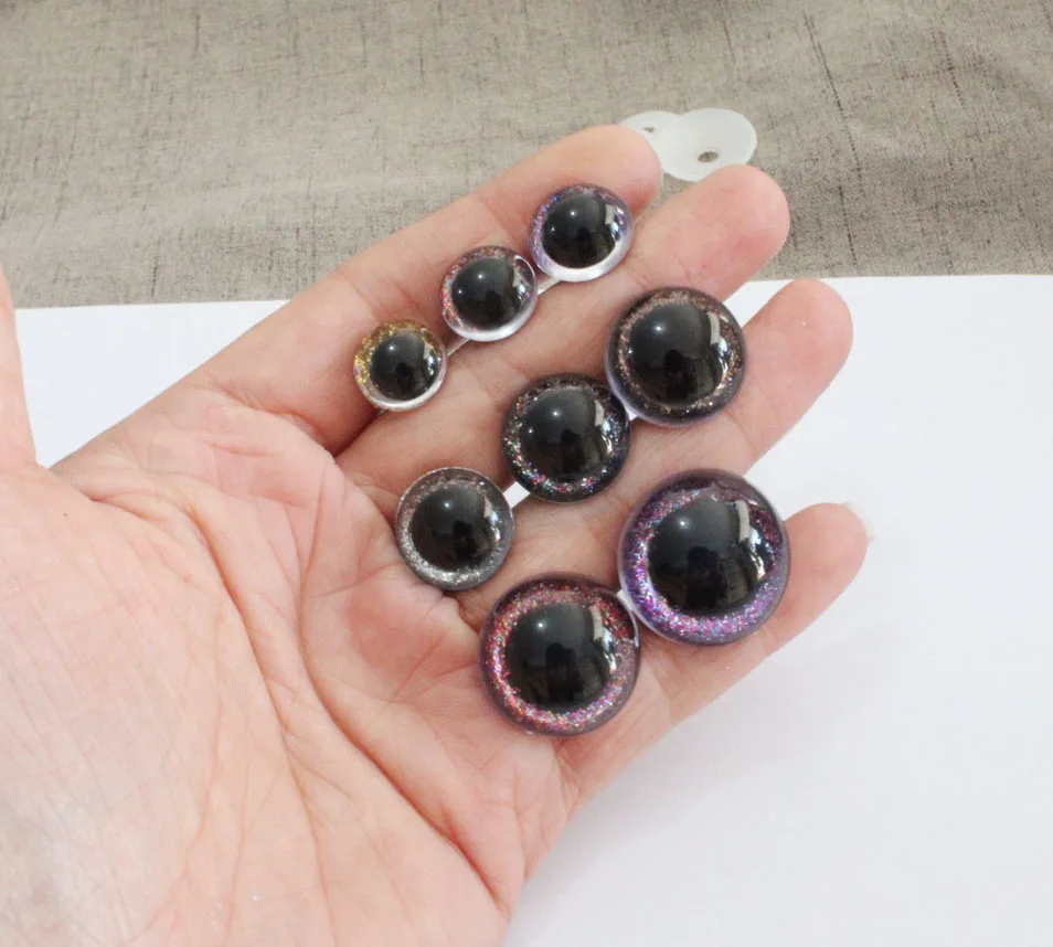 

500pcs/lot 13mm-24mm round plastic safety clear toy eyes +glitter Nonwovens +hard washer for plush doll-size&color option-N8