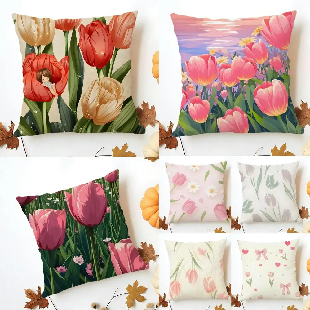 Elegant Noble Vibrant Vitality Tulip Cushion Cover Sofa Home Decor Living Room Accessory Holiday House Cushion Shell