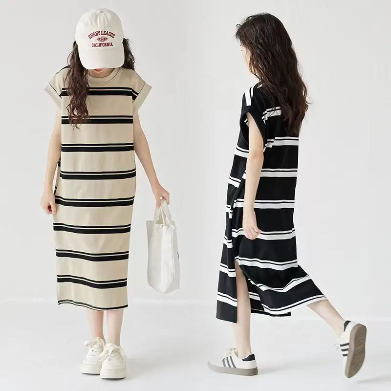 

Girls Stripe T-Shirt Dress Big Children Summer Long Casual Gown Fashion Kids Loose Daily Vestidos Teenager Cool Clothing