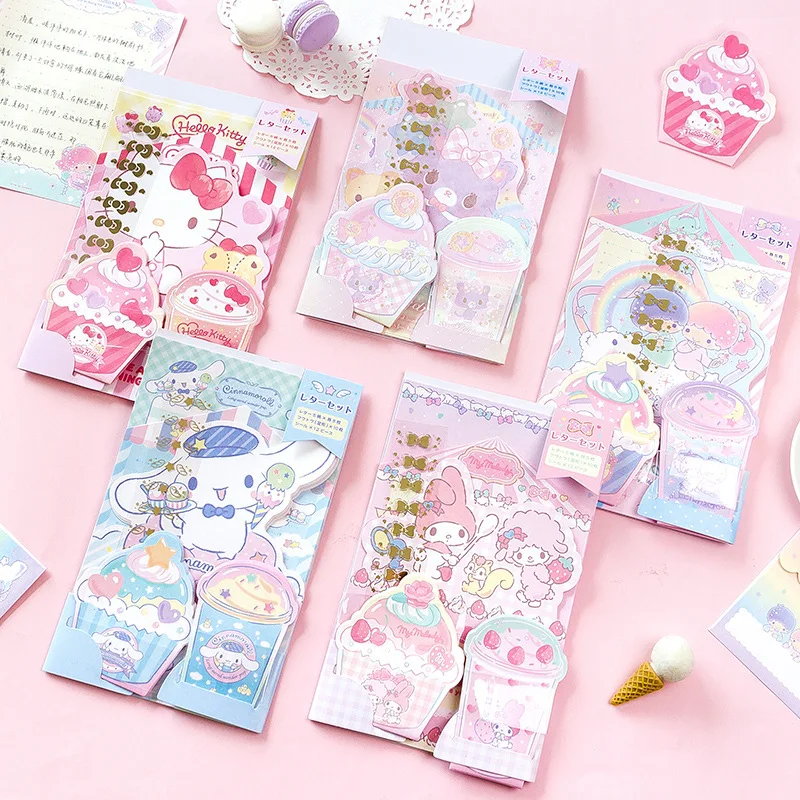 Sanrio Kitty Melody Cinnamoroll-Juego de sobres para niños, tarjeta de felicitación con mensaje de Festival, Bloc de notas, suministros escolares,