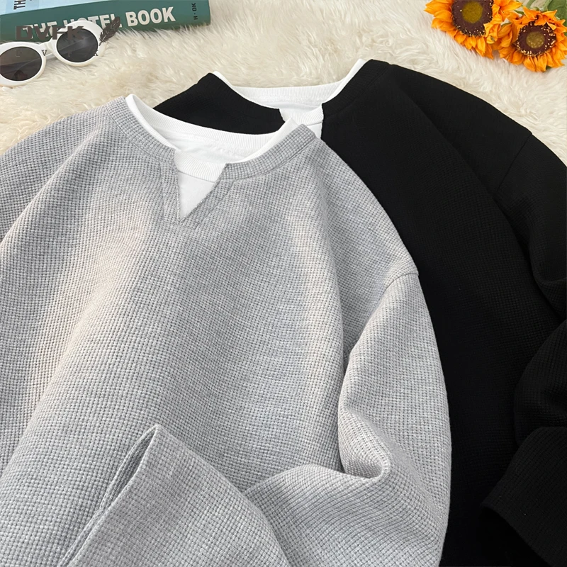 Mens Waffle Texture Long Sleeve Tee Fake Layer V Neck Design Loose Lightweight Streetwear Blouse