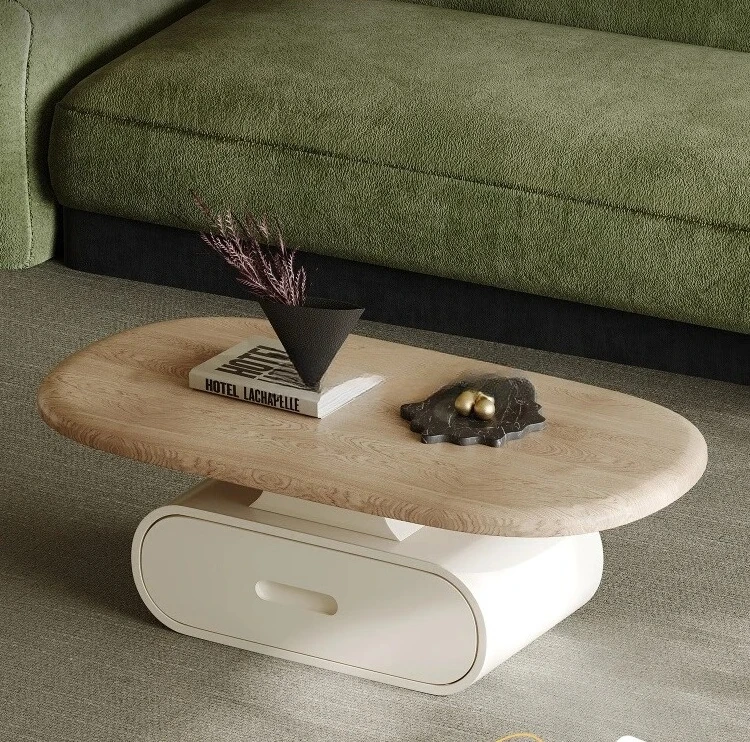 Wabi Sand wind solid wood coffee table designer living room household small apartment storage oval Nordic art high sense