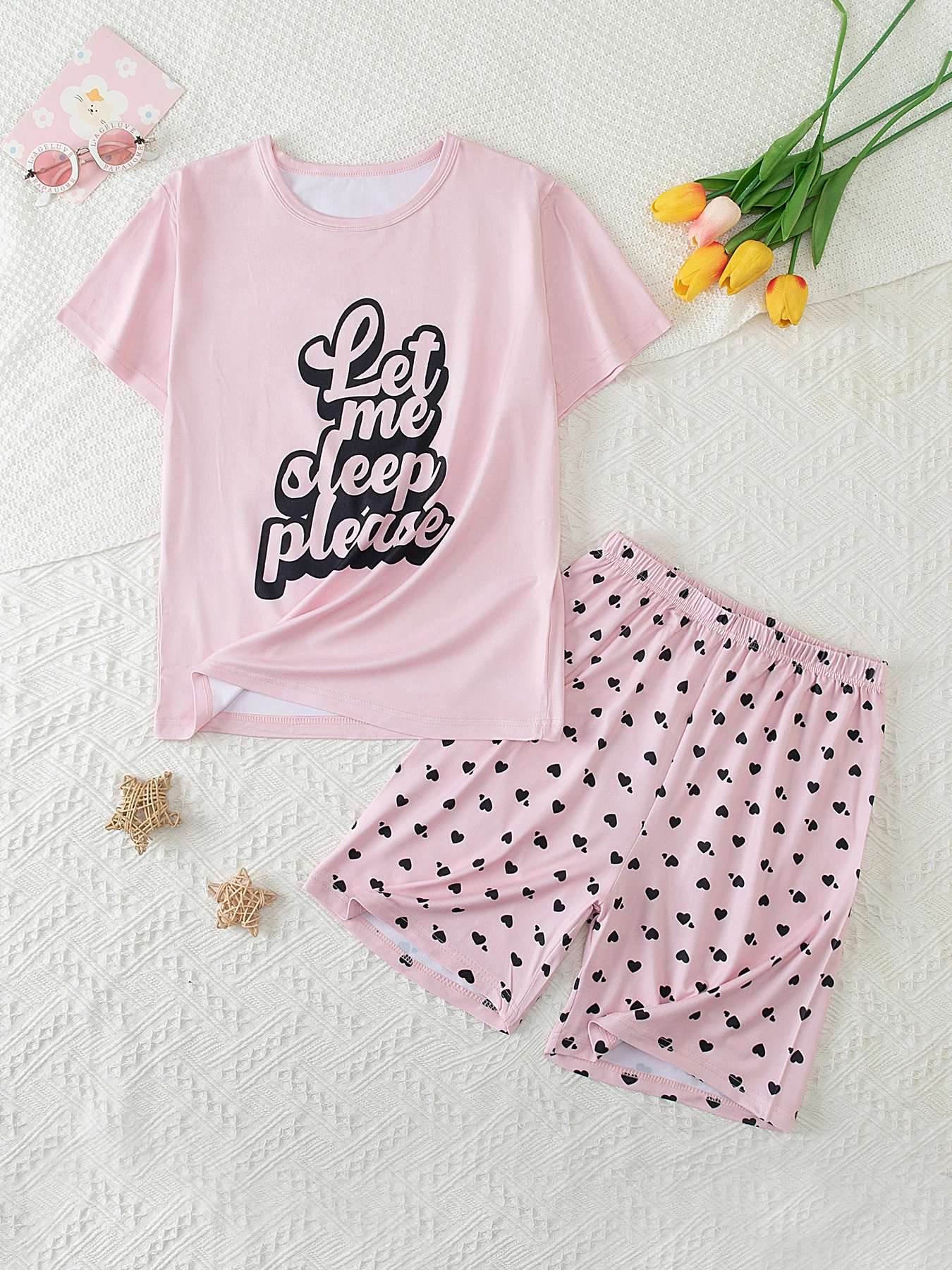 2-teiliges Set aus süßen und niedlichen Kurzarm-Shorts für Teenager-Mädchen, lässiges und vielseitiges Schlafanzug-Set für Mädchen in der Mittelstufe – Detail 3