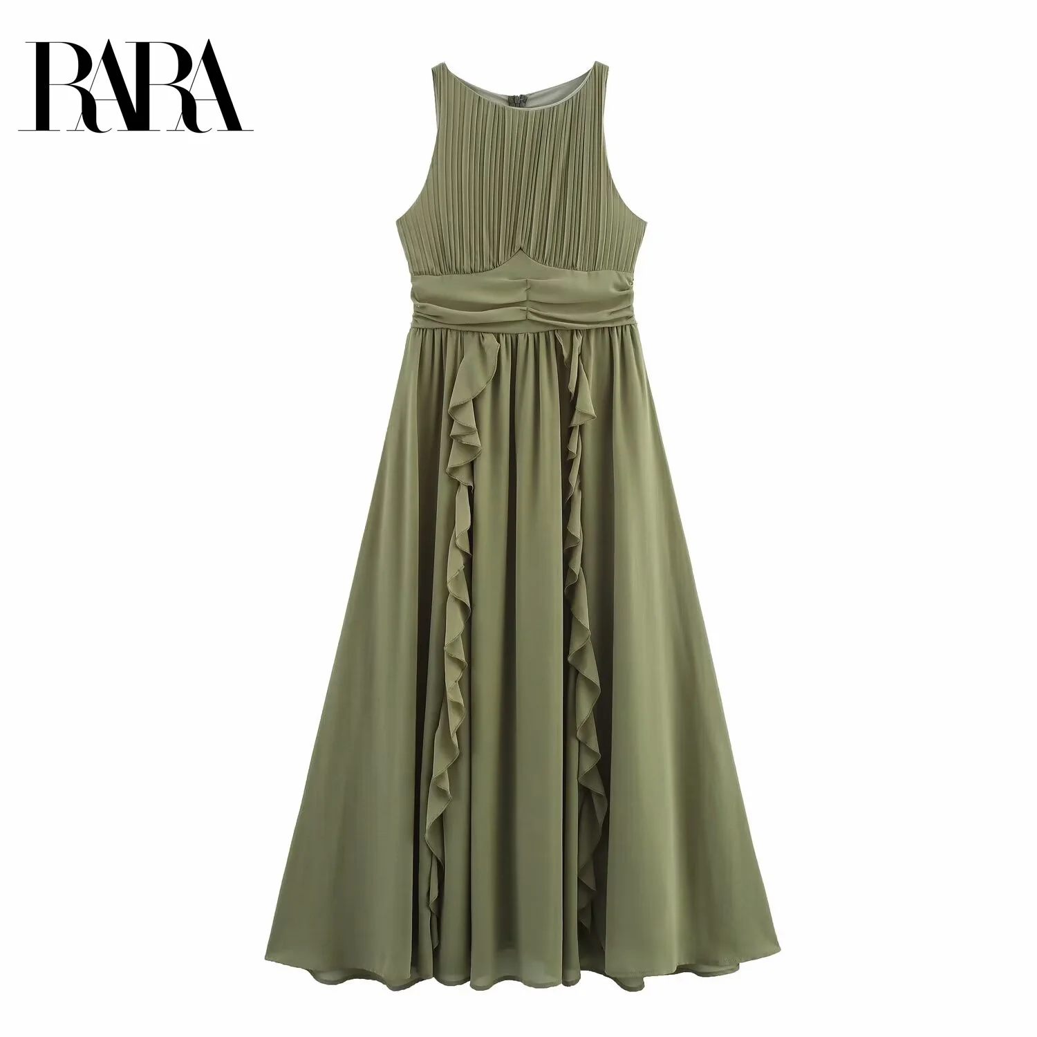 

RARA2025 new summer women's casual fashion simple temperament sleeveless round neck lotus leaf edge long skirt