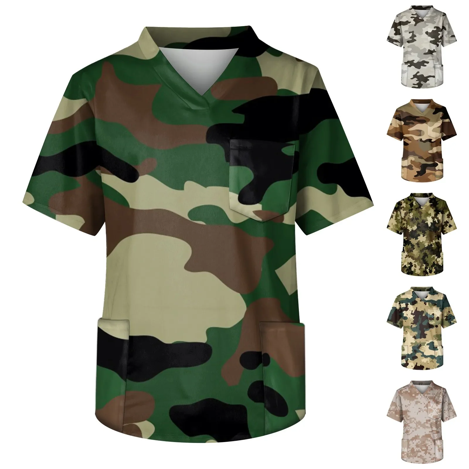 Men'S Camouflage Print Nurse Uniforms Short Sleeve V-Neck Tops Working Pocket Blouse Male Scrub Working Uniform T-Shirts