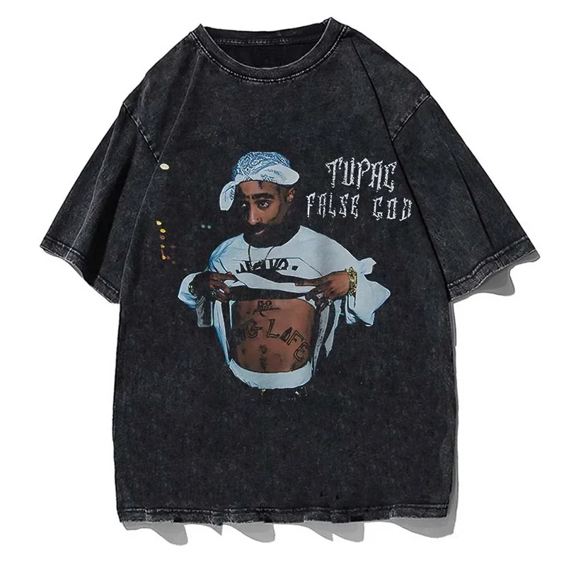 Rapper Tupac Graphic Print T Shirt Summer Casual Short Sleeve Men Hip Hop T-Shirts Tops Fashion Streetwear Vintage Washed Tee