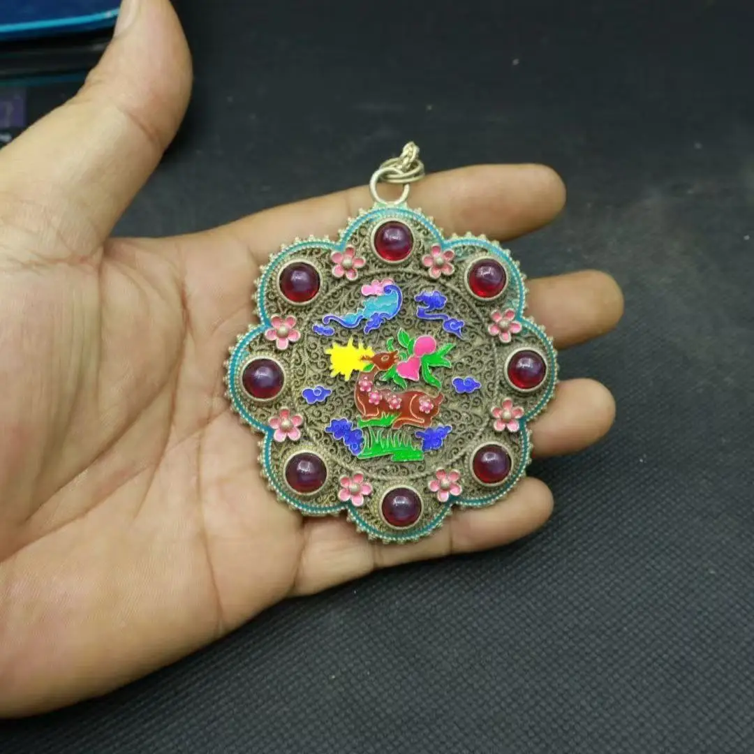 Antique collection silver cloisonne pure handmade old silver inlaid red star gemstone necklace double-sided pendant