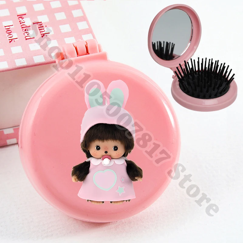 2 in 1 Folding Mirror Comb for Girl Kids Monchhichied Anime Cute Makeup Mirrors Children Cartoon Portable Combs Birthday Gifts