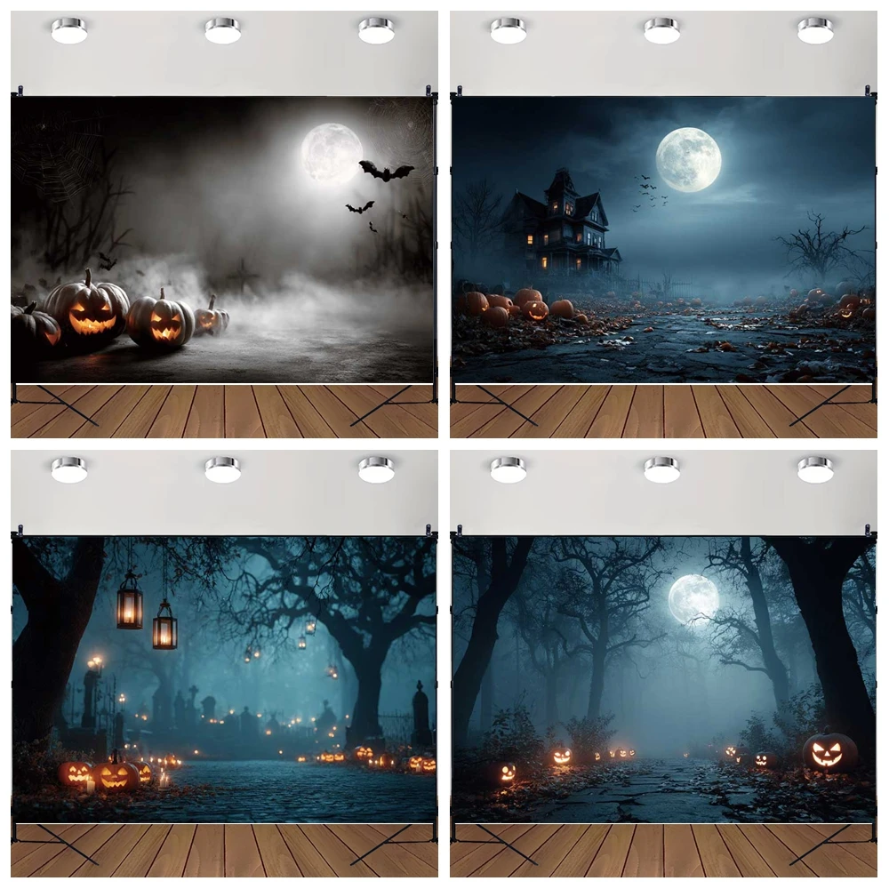 

MOON.QG Halloween Backdrop Pumpkin Photography Background Bats Night Lanterns Photo Kids Photobooth Banner Party Decoration