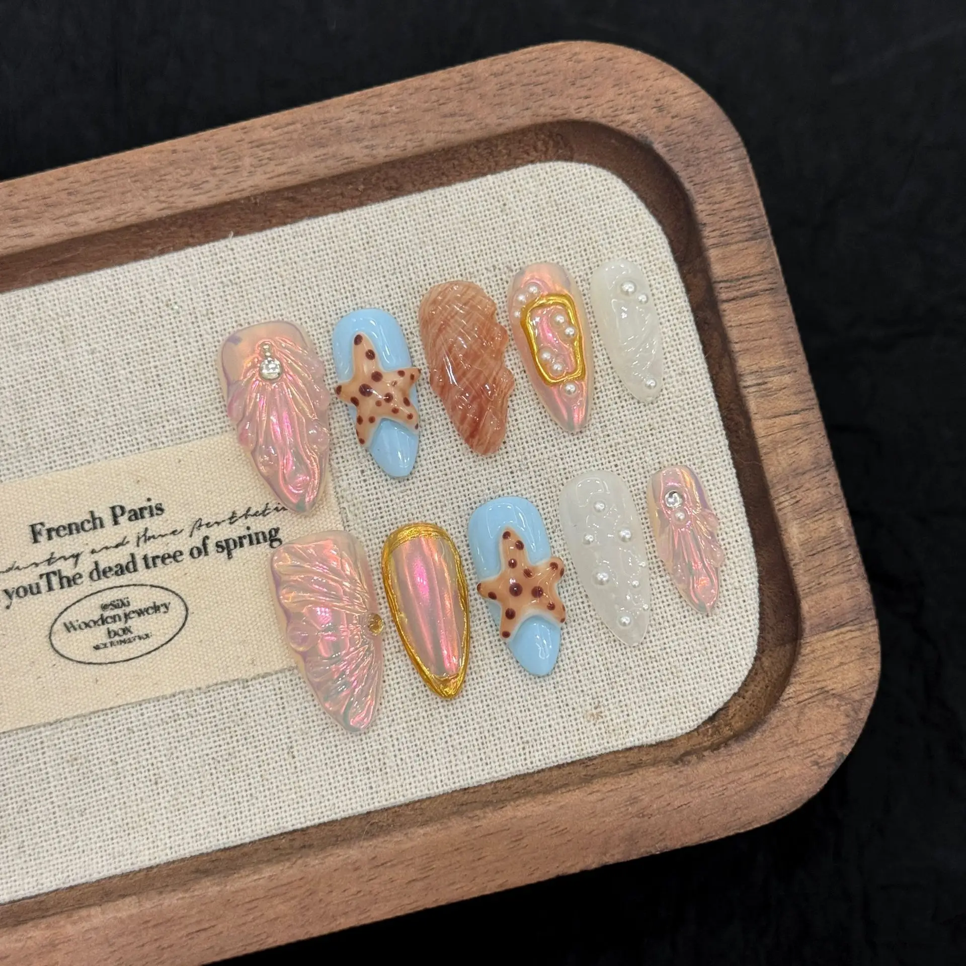 

10 PCS Luxury Handmade Press on Nails Middle Almond Cute Sand beach Design with 3-PIECE Tool Adhesive Nail Glue Tabs