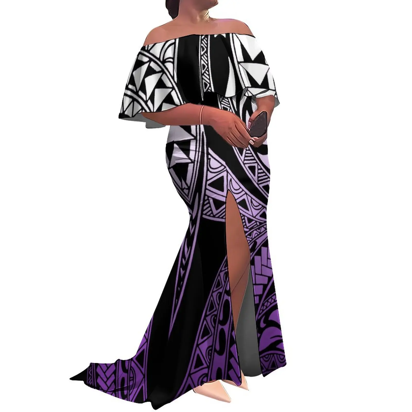 Tax Included 2025 New Polynesian Design Long Maxi Fishtail Dress Custom Hawaii Off Shoulder Split Lady Mermaid Dress