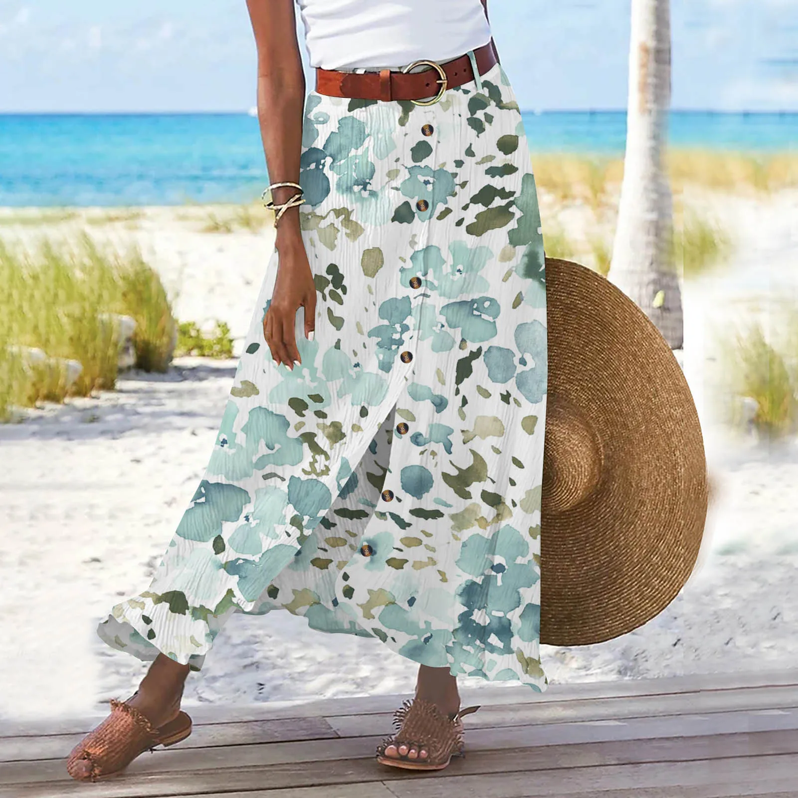 Summer Women's Skirt Cotton Linen Important Button Slit Flower Print Fashion Versatile Vacation Beach Midi Skirt