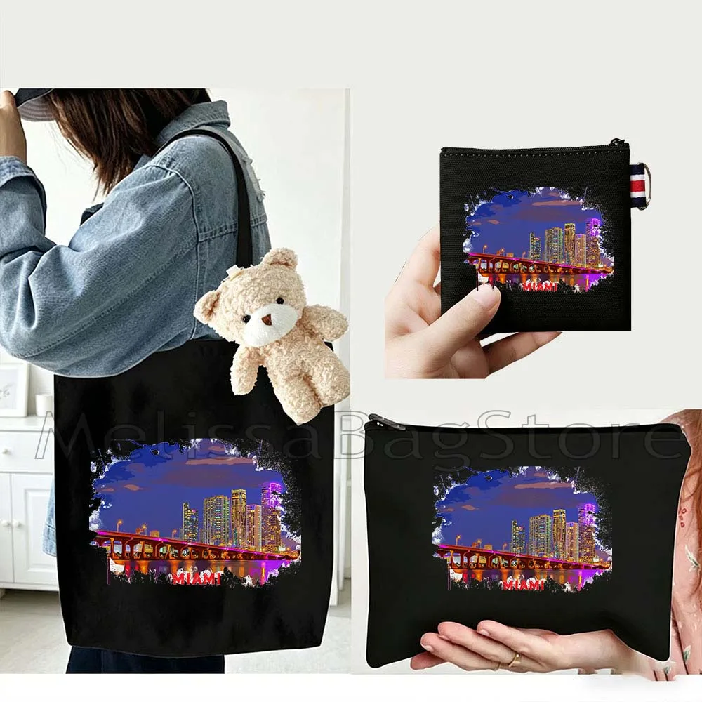 4PCS Gifts Set Miami Florida White Canvas Tote Bag Handbag with Doll Key Coin Purse Cosmetic Makeup Toilet Bag Case Pouch