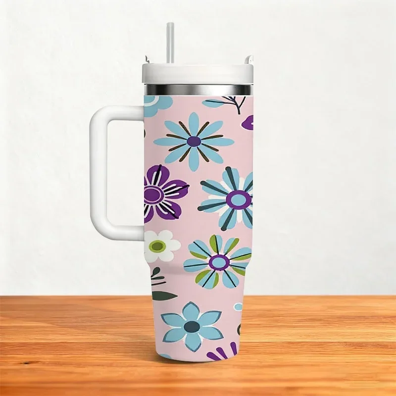 Stainless Steel 40Oz Insulated Tumbler with Whimsical Pink-Tone Floral Digital Print, Reusable Hot And Cold Beverage Holder, Ideal for Daily Commute, Office Use, And Outdoor Activities