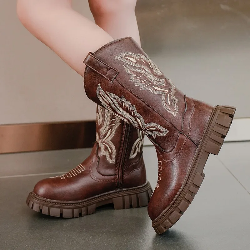 Girls' Snow Boots for Autumn and Winter 2026 New Western Denim Style Retro Embroidered High Boots with Plush Insulation