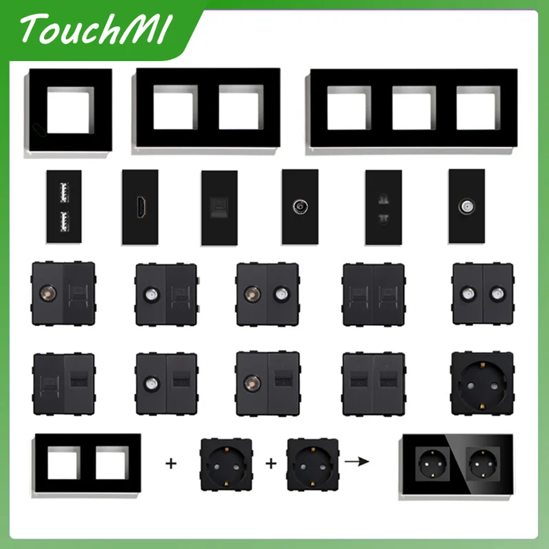 Function Parts and Glass Frame for Button Switch and Socket Light Switches Wall Outlet Wifi Sockets Internet USB Rj45 CAT6 Black