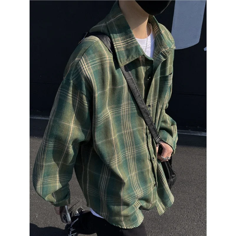 Brushed Plaid Long Sleeve Mens Shirt Autumn New Style Color Block Loose Versatile Fashion Casual Couple Cool Handsome Top