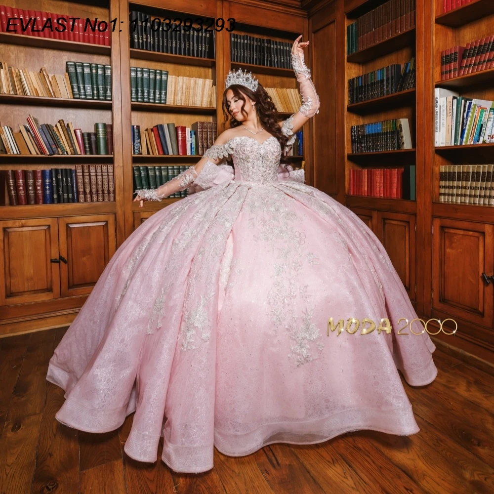 

EVLAST блестящее розовое бальное платье Quinceanera по индивидуальному заказу, кружевное платье с аппликацией и бисером, с большим бантом, Sweet 16, Vestidos De 15 Anos E1Q947