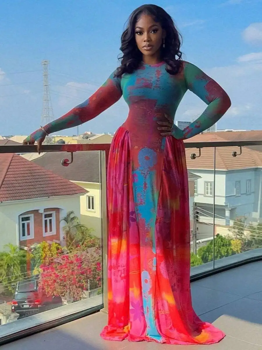 

Multicolor Abstract Print Long Sleeve Round Neck High-Waist Pleated A-Line Maxi Dress With Gradient Floral Pattern