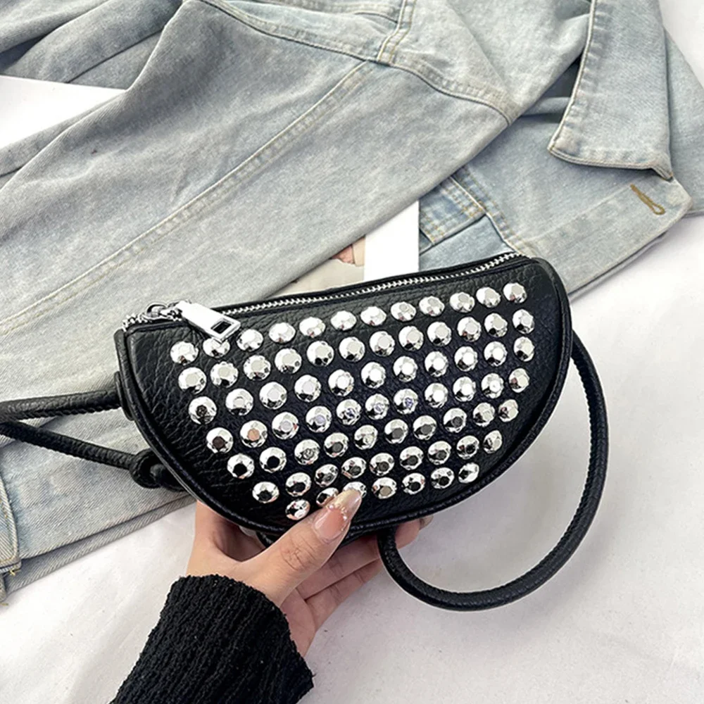 

Fashion Rivet Crossbody Bags for Women Half Moon Shoulder Bag PU Leather Purses and Handbags Mini Phone Flap Clutch New Ladies