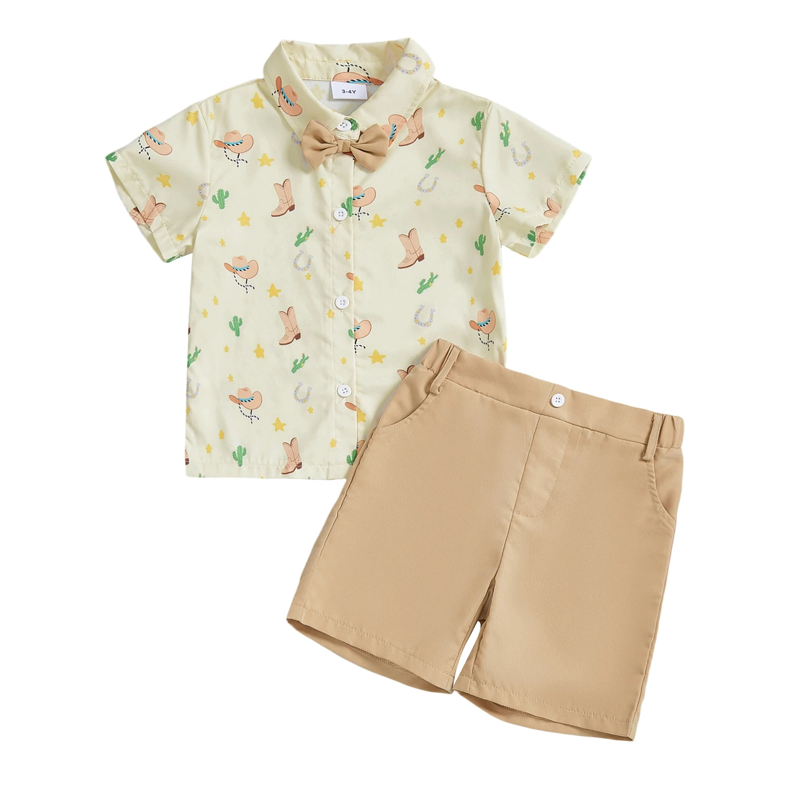 

Toddler Baby Boy Summer Outfit Western Print Button Down Turn Down Neck Short Sleeve Shirt and Shorts 2 Pcs Set
