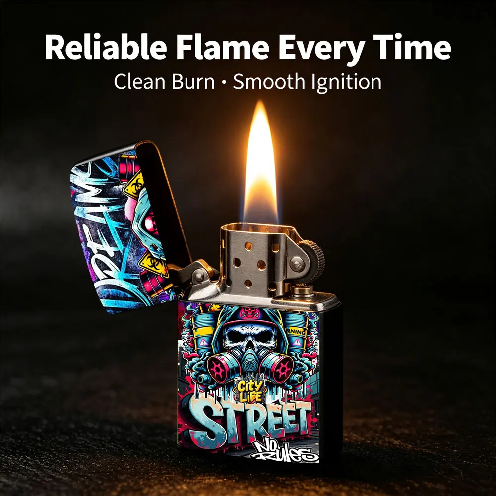 Pocket Lighter, Skull Gas Mask Print Metal Flip-Top Windproof Design, Comfortable Grip, Refillable, Cool Trendy Gift
