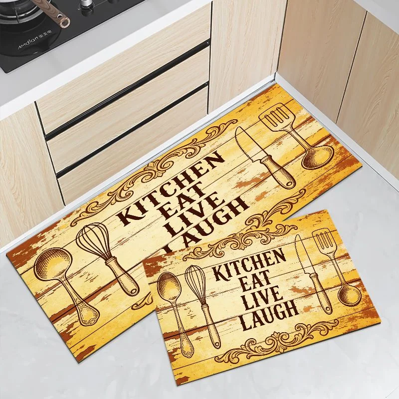 VIKAMA Warm Yellow Distressed Wood Kitchen Mat Waterproof Non Slip Runner Rug Eat Live Laugh Farmhouse Kitchen Floor Mat Rug