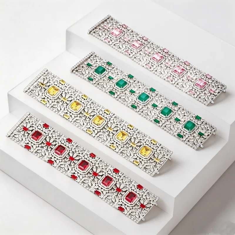 Vintage Fashion Style 4 Colors Wide Chain Bracelet Women Lady Inlay Pear Cubic Zircon Synthetic Gemstone Hollow Out Party Bangle
