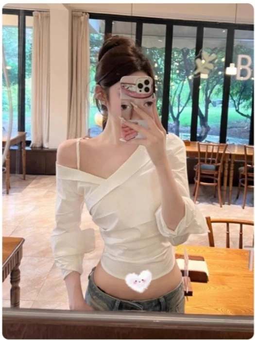 

Slim Fit Cross V-Neck Short Shirt Women's Pure Color Long Sleeve Shoulder Baring Top Fashionable Casual Workwear White
