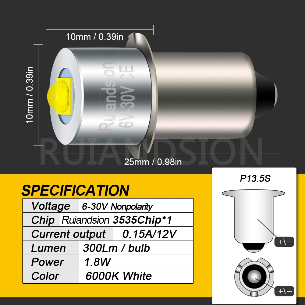 P13.5S 3W LED Torches Lamp Upgrade Bulbs White Maglite Flashlight 6000K DC0.7-3.2V 6V-30V Replacement Bulb Working Light 1Pcs view 6