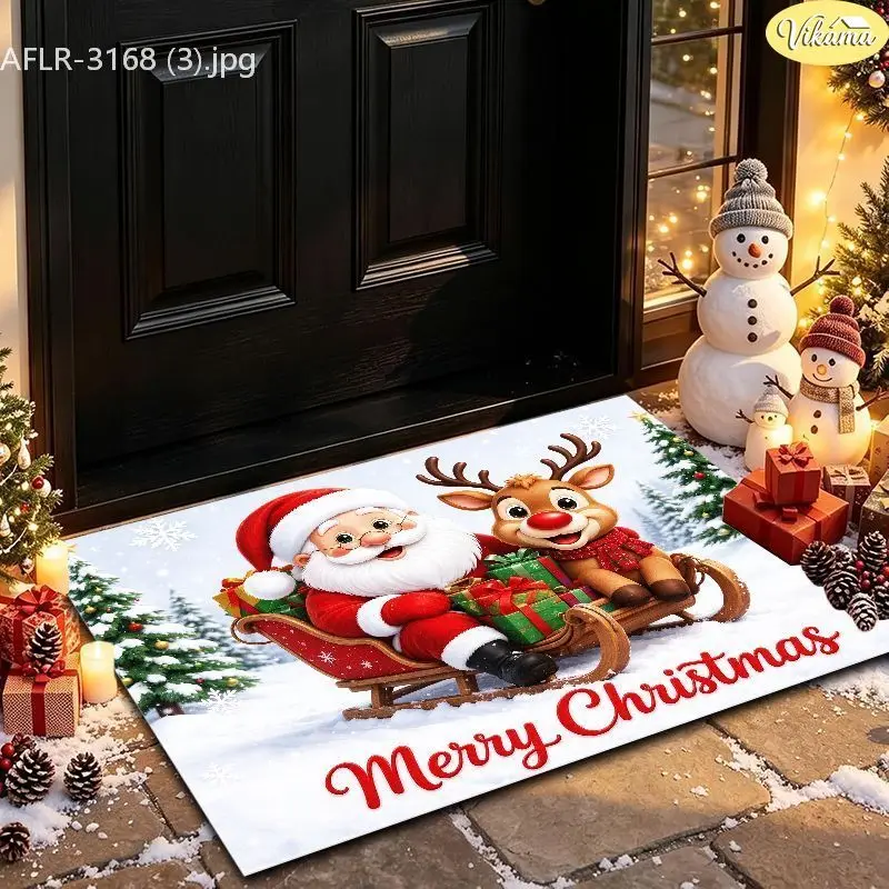VIKAMA Leopard Deer Santa Hat Entryway Rug Non Slip Low Profile Mats for Outside Front Door Xmas Winter Decor Washable
