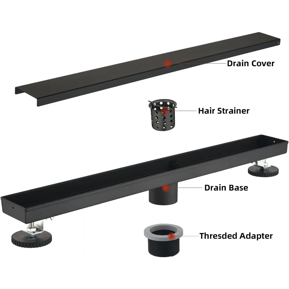 استنزاف دش مستطيل من الفولاذ المقاوم للصدأ 304 باللون الأسود مقاس 32 بوصة مع لوحات إدخال البلاط وصائد الشعر للتصميم الخطي