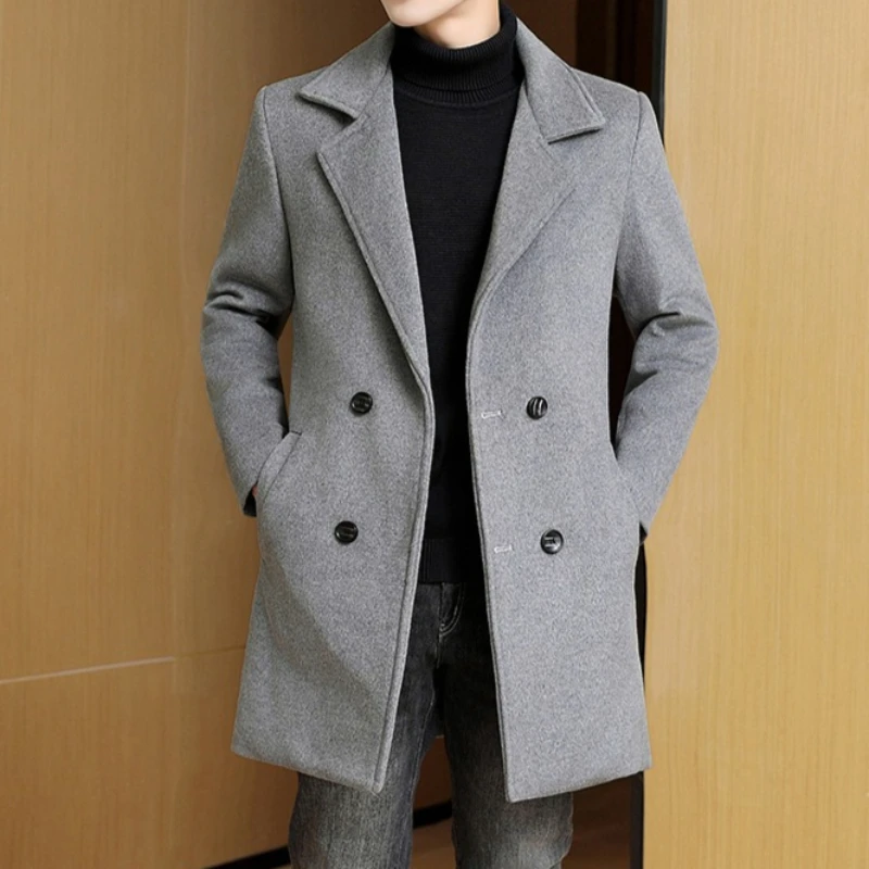 

2025 Autumn Winter Fashion Woolen Coat Men's Plus Cotton Thick Medium Long Jackets Casual Business Social Windbreaker Overcoat