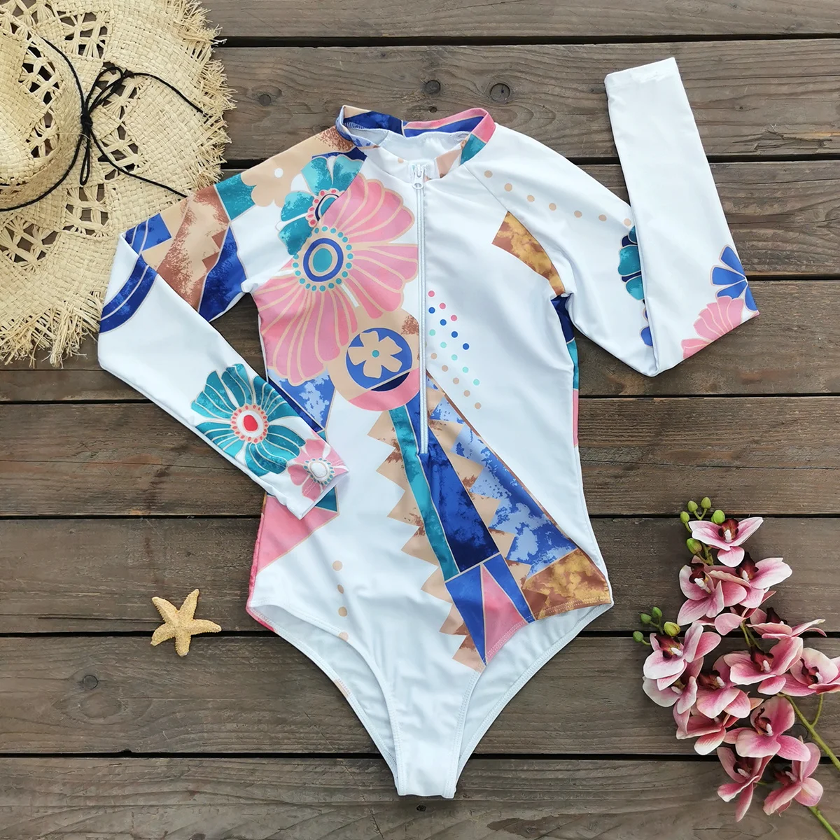 2024 New Print Long Sleeve One Piece Swimsuit Sexy Swimwear Women Backless Beachwear Surf Bathing Suit Push Up Monokini Female