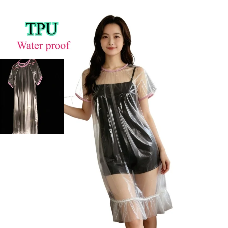 women's-tpu-waterproof-transparent-pajamas-non-toxic-and-odorless-plastic-film-loose-round-neck-short-sleeve-ruffle-edge-sexy