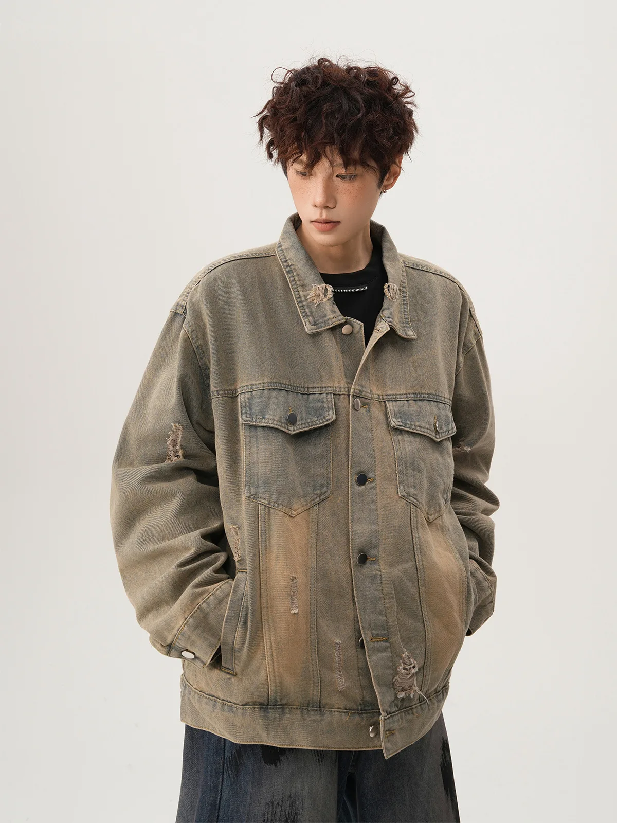 Street Fashion Jacket - American High Street Ripped Denim Jacket