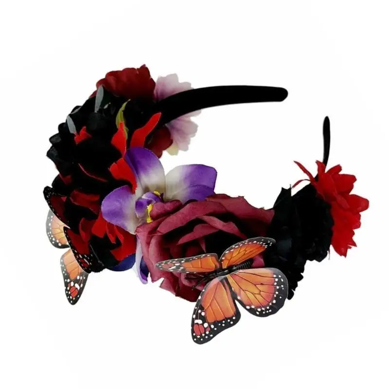 

31BB Butterfly Flower Headband for Day of The Dead Ethnic Mexico Hairband Cosplay Costume Headpiece for Adult Festival Props