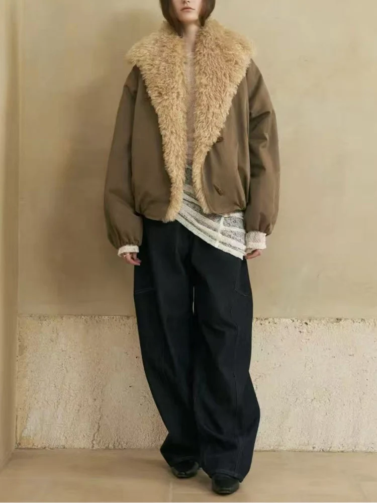 

European and American style autumn new women's fashion personality temperament versatile casual fur lapel cotton coat